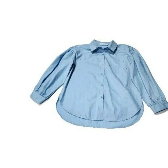 Zara Shirt Button Down Kids 11-12  Light Blue  Studded  Longsleeve - Picture 11 of 15